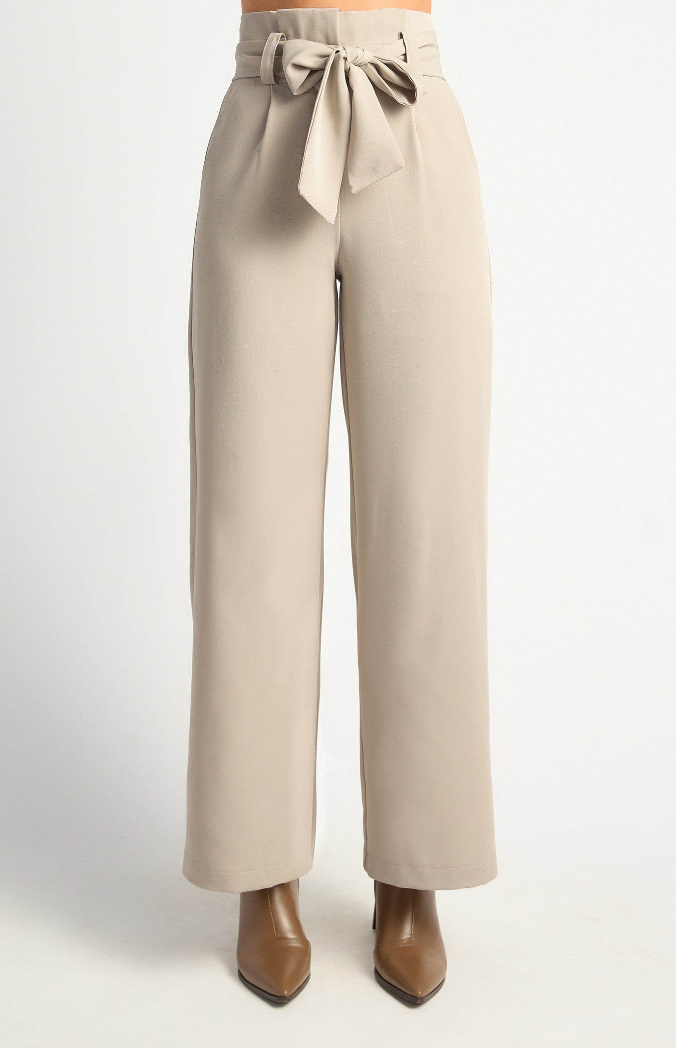Beige paper bag waist wide leg pants