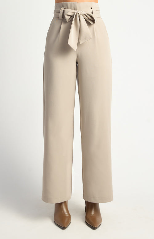 Beige paper bag waist wide leg pants