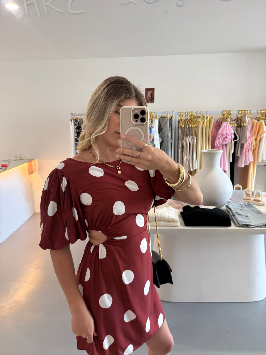 Wine red polka dot puff sleeve cut out dress