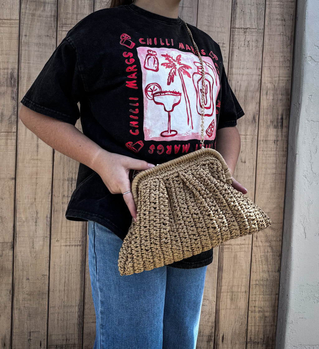 Paper Weave Gatherred Clutch in Camel/Gold