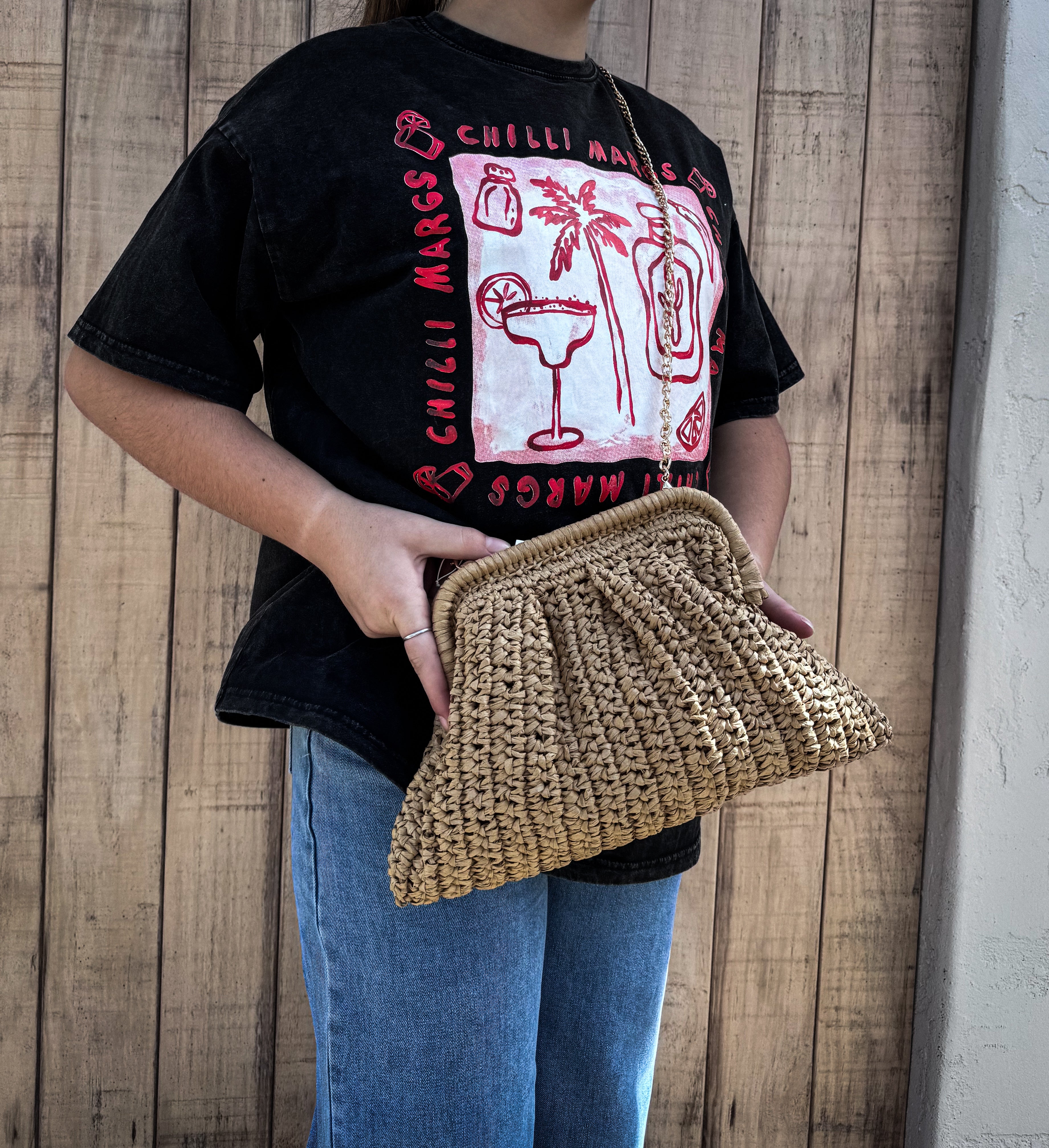 Paper Weave Gatherred Clutch in Camel/Gold