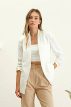 The Ashley Collarless 3/4 Ruched Sleeve Longline Blazer