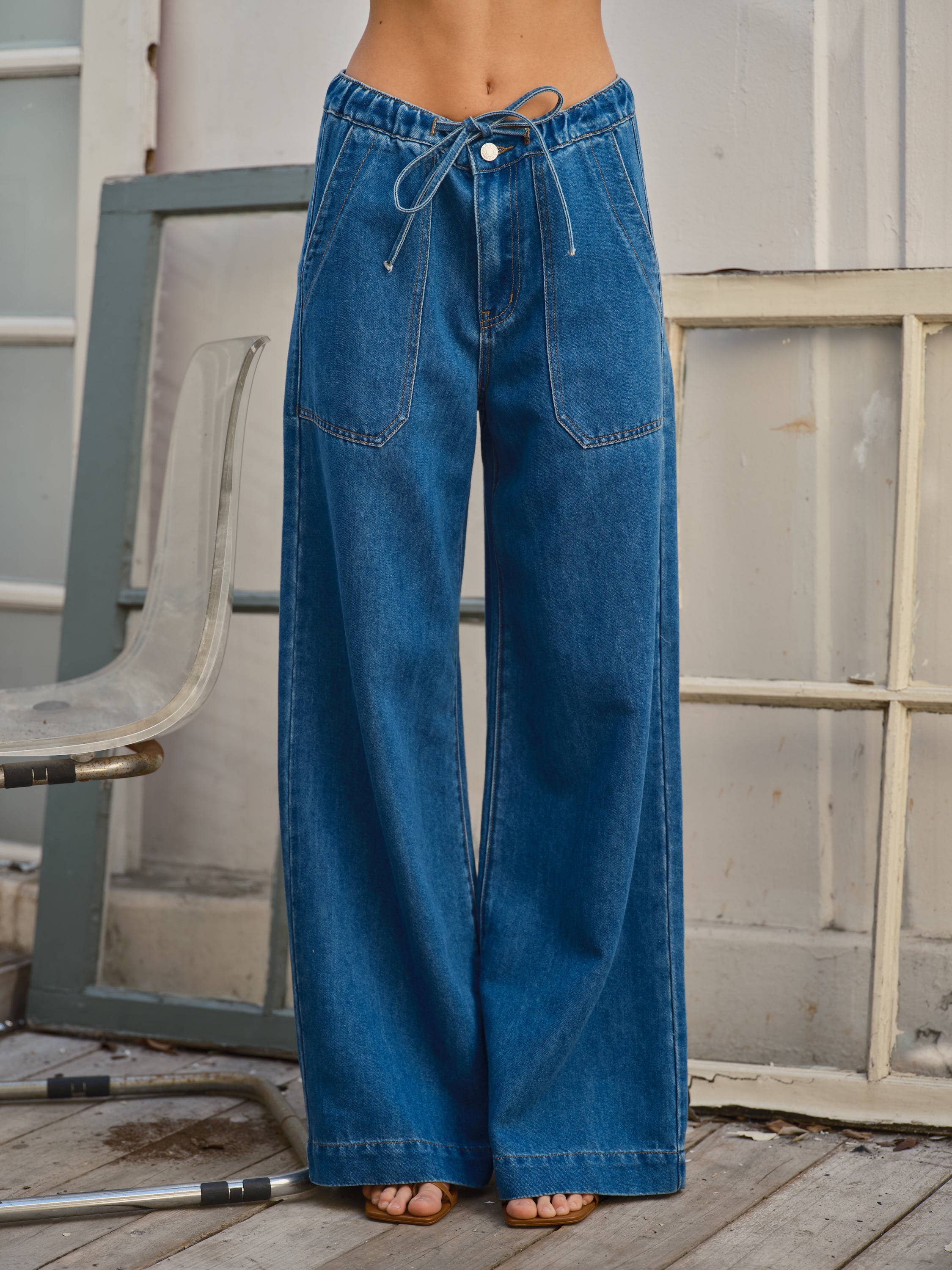 Soft Denim Drawstring Straight Leg Pants