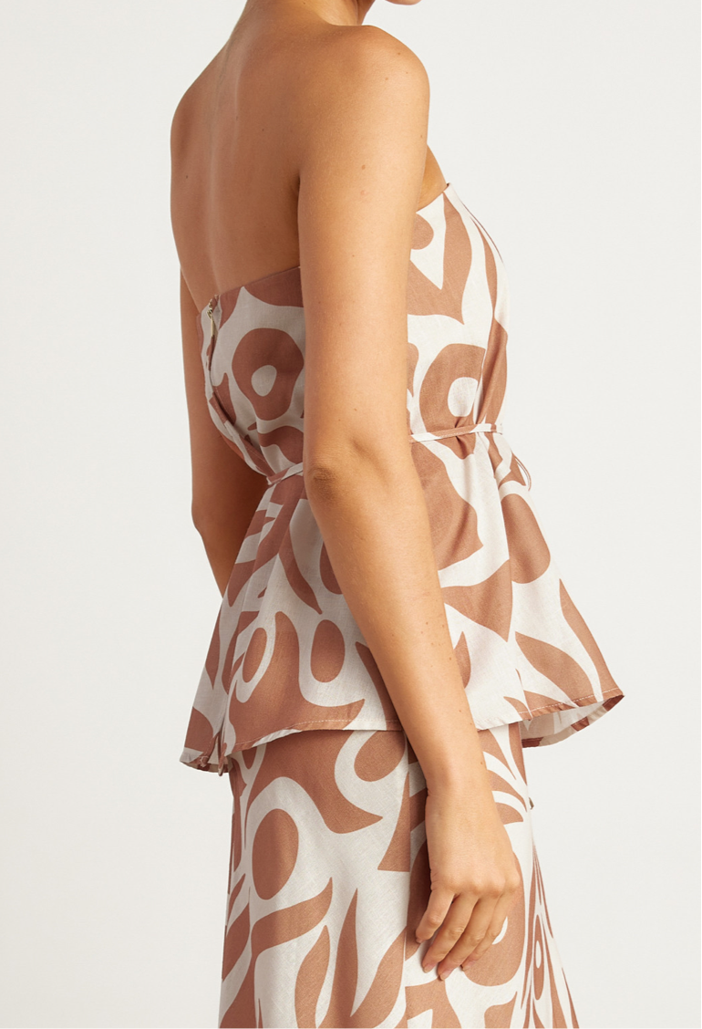 Abstract print strapless waist tie top