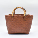 Woven Tote Bag with Bamboo Handles - Cognac