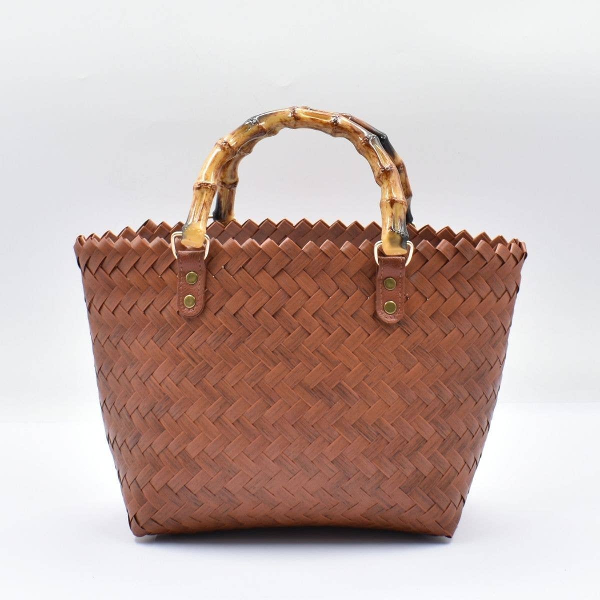 Woven Tote Bag with Bamboo Handles - Cognac