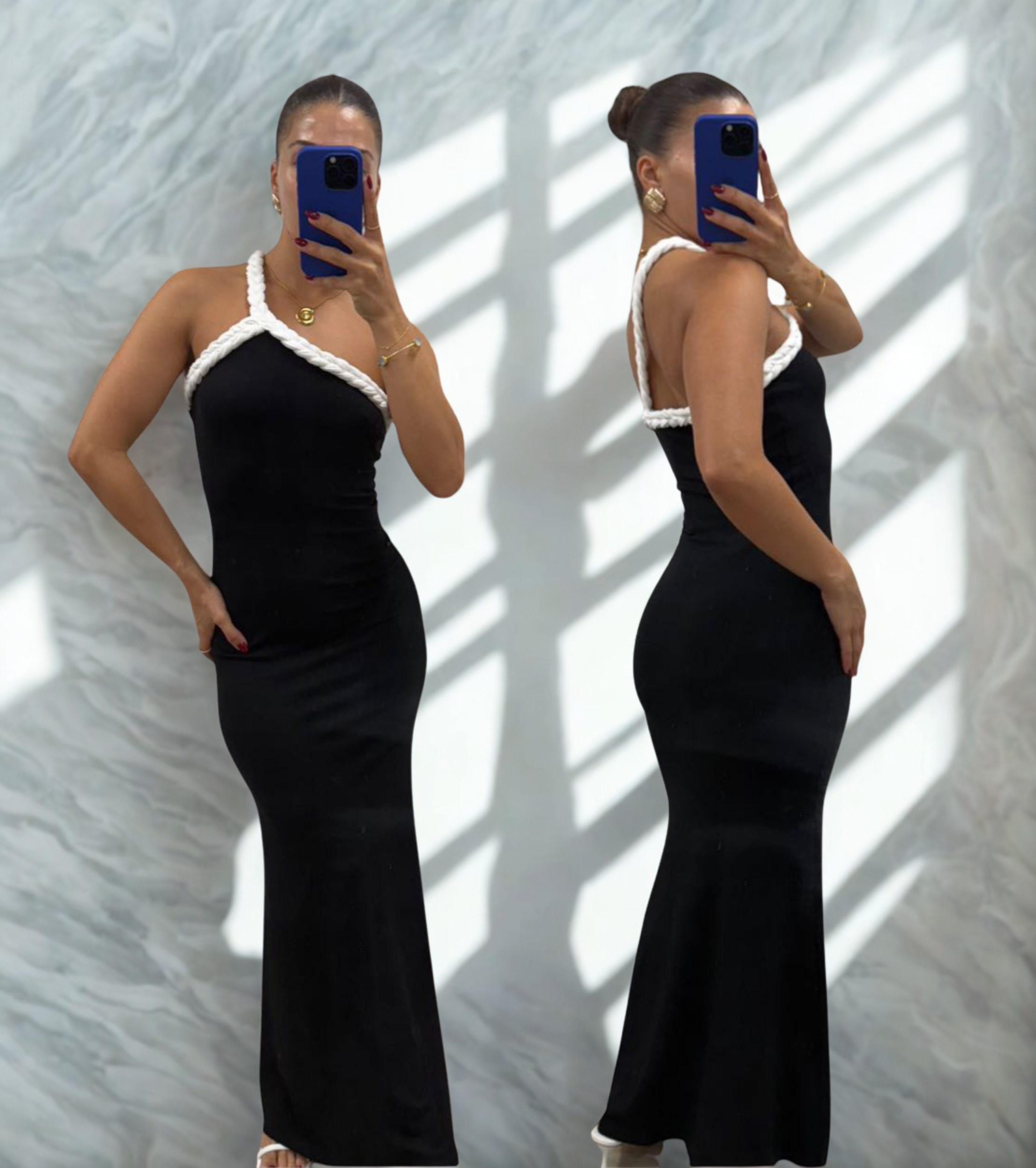 Contrast rope trim halter maxi dress