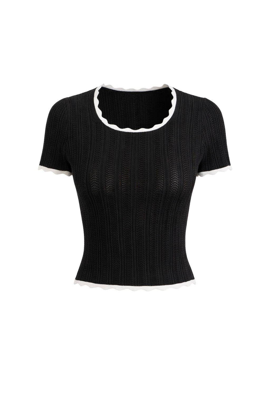 Pointelle Contrast Trim Top – Black + Off White