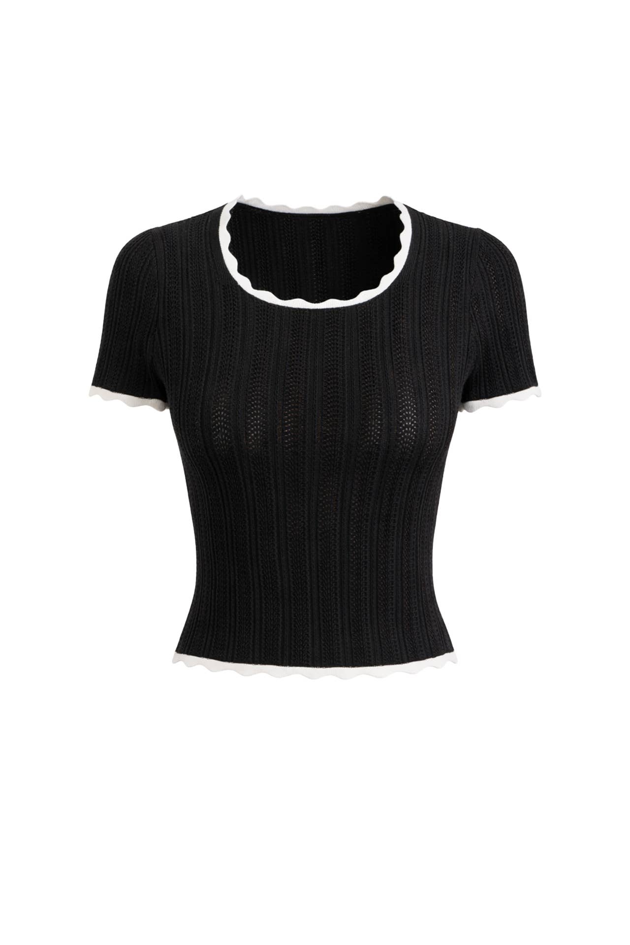 Pointelle Contrast Trim Top – Black + Off White