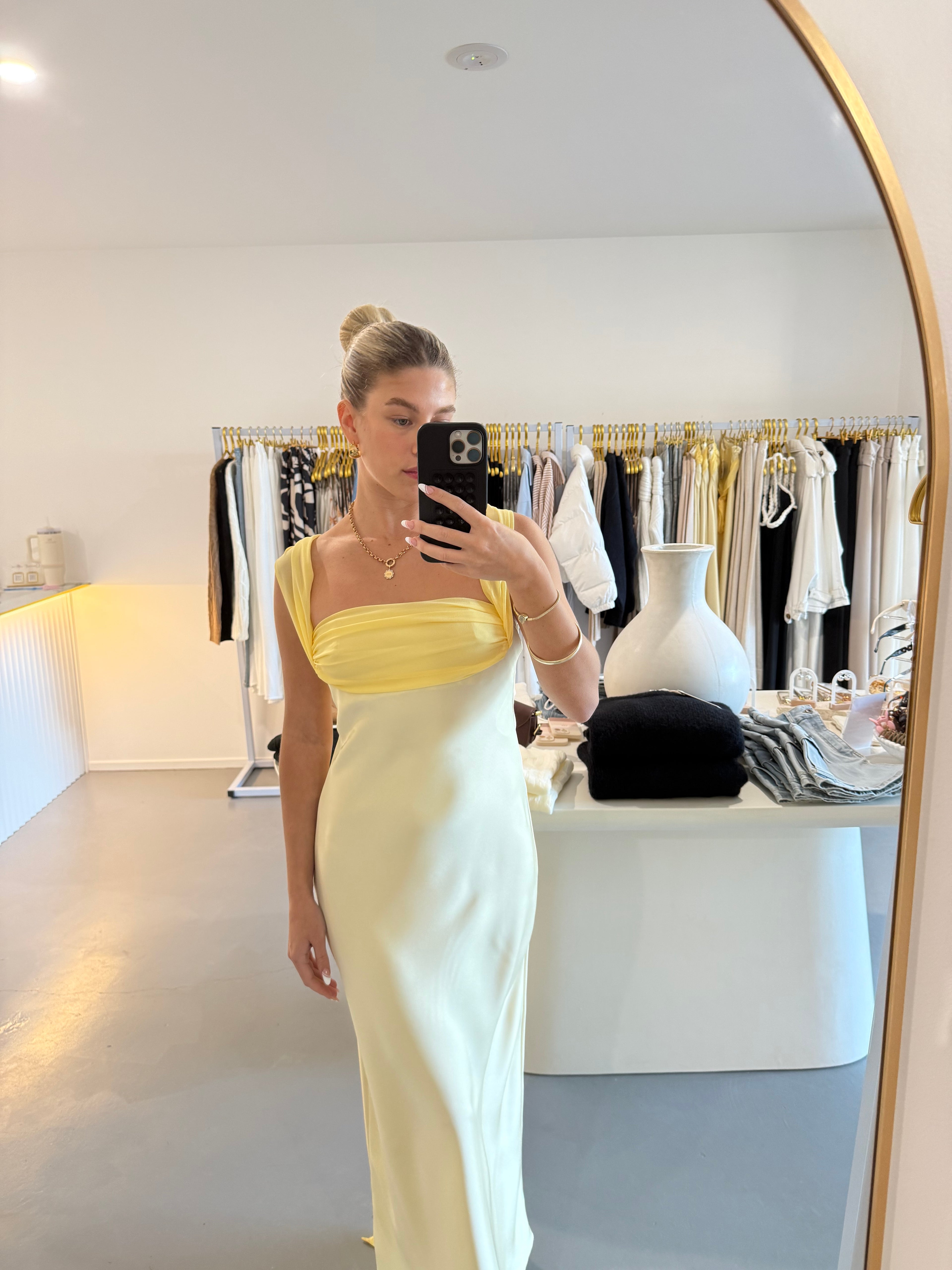 Soft lemon off-shoulder maxi dress