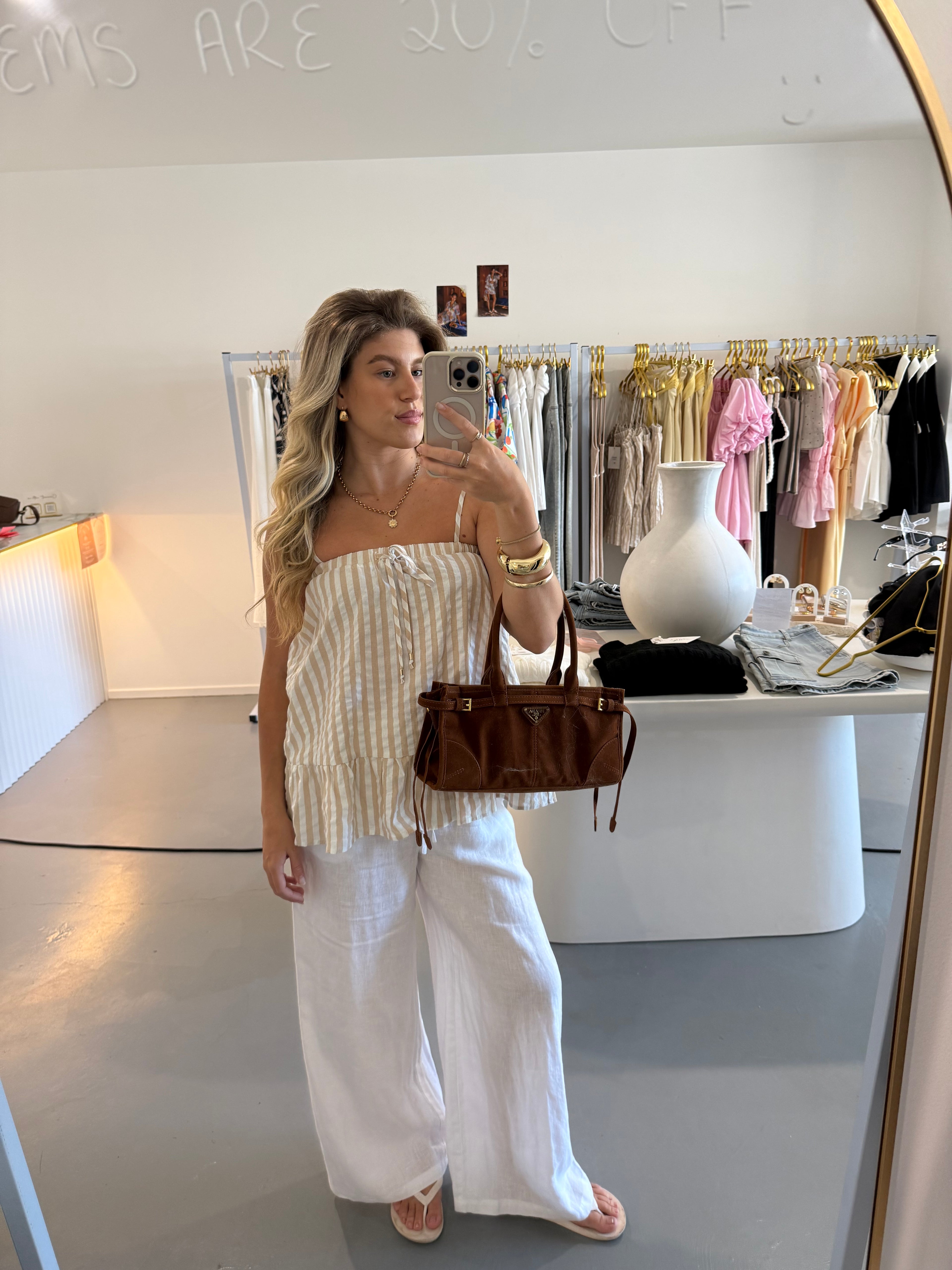 Beige stripe babydoll top