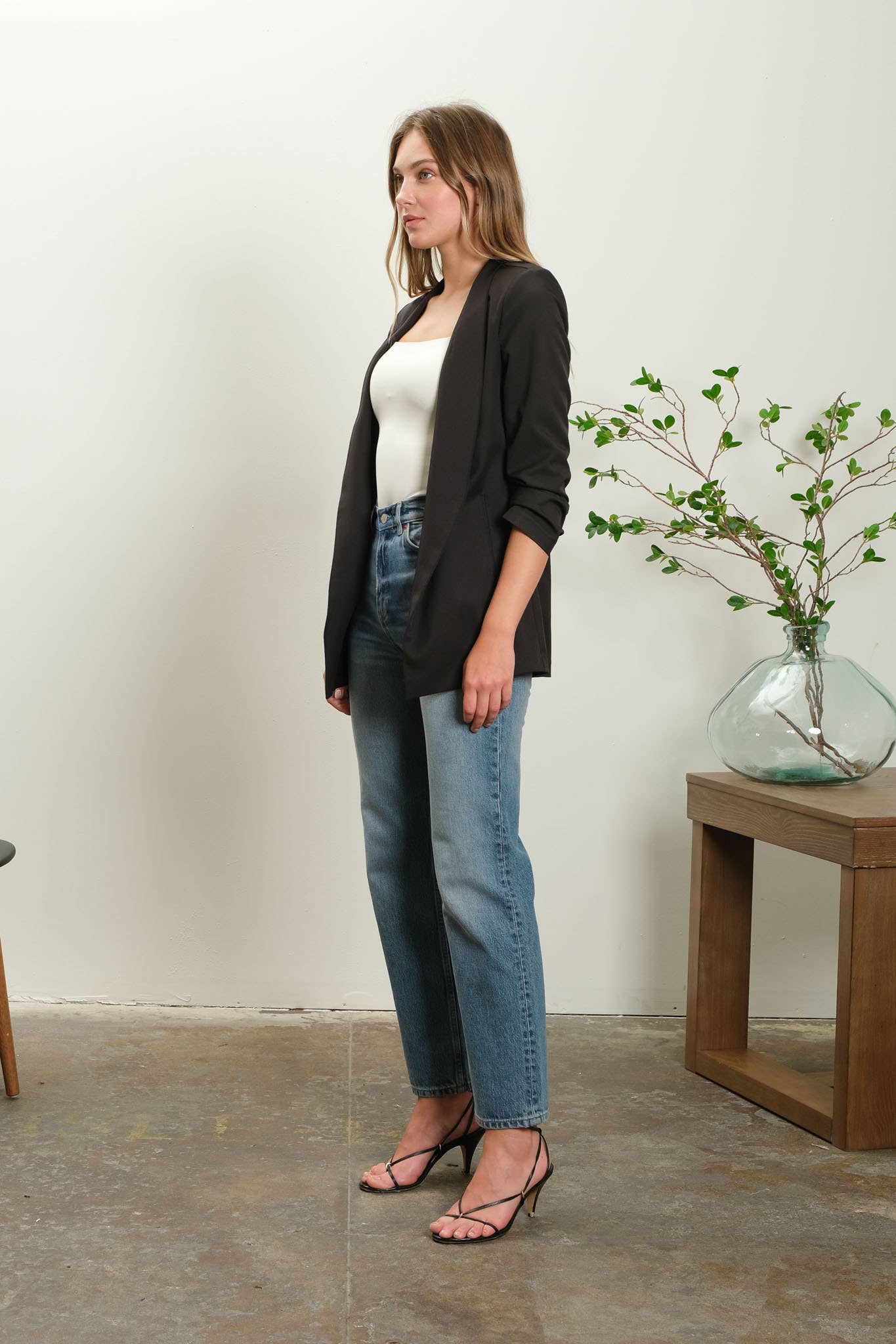 The Bailey Collarless 3/4 Ruched Sleeve Longline Blazer