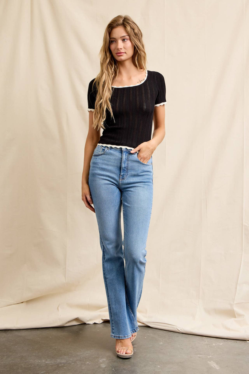 Pointelle Contrast Trim Top – Black + Off White
