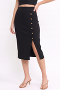 Rib Knit Button Slit Midi Skirt – Black