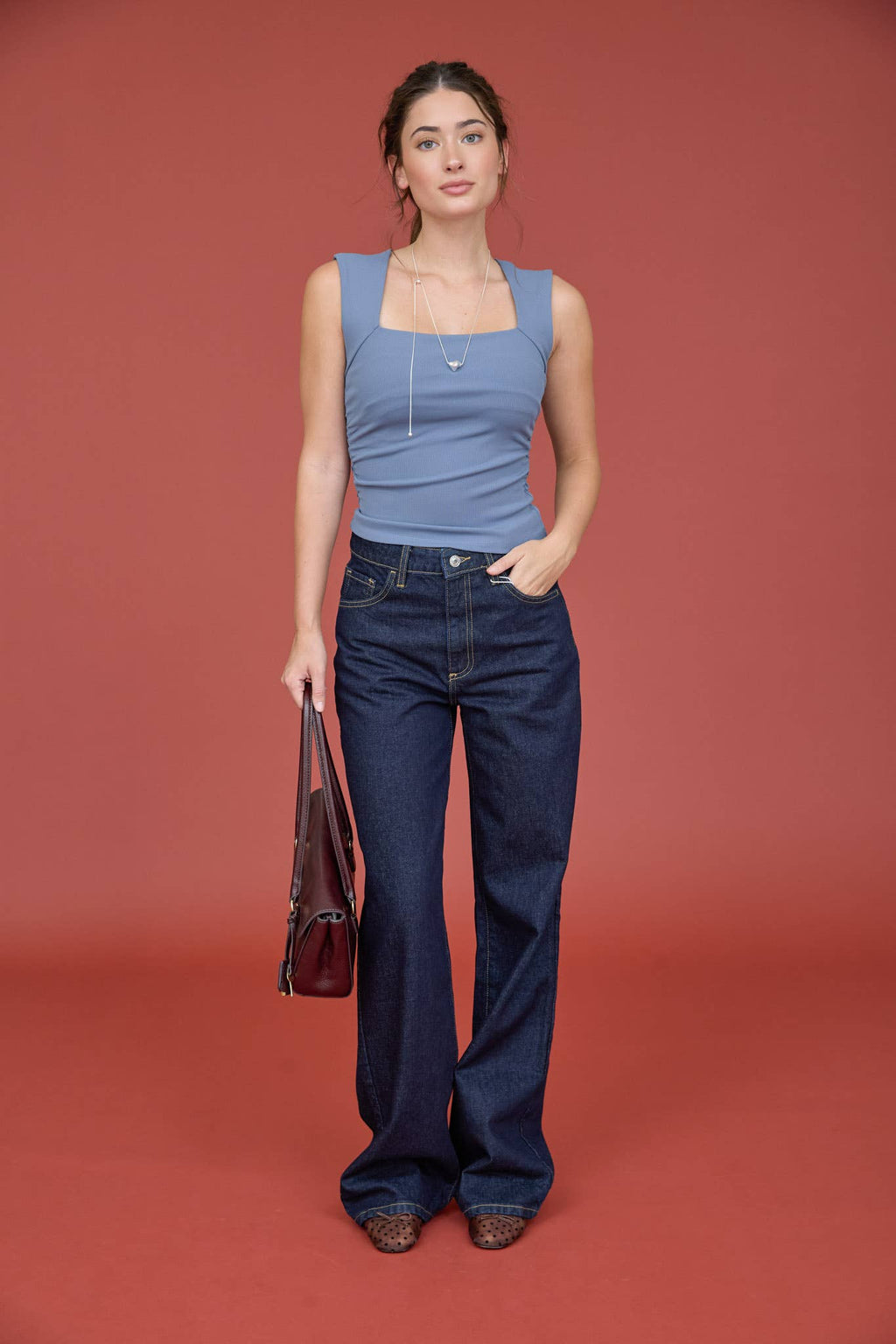 SQUARE NECK RUCHED DETAIL TOP - Dusty Blue