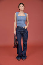 SQUARE NECK RUCHED DETAIL TOP - Dusty Blue