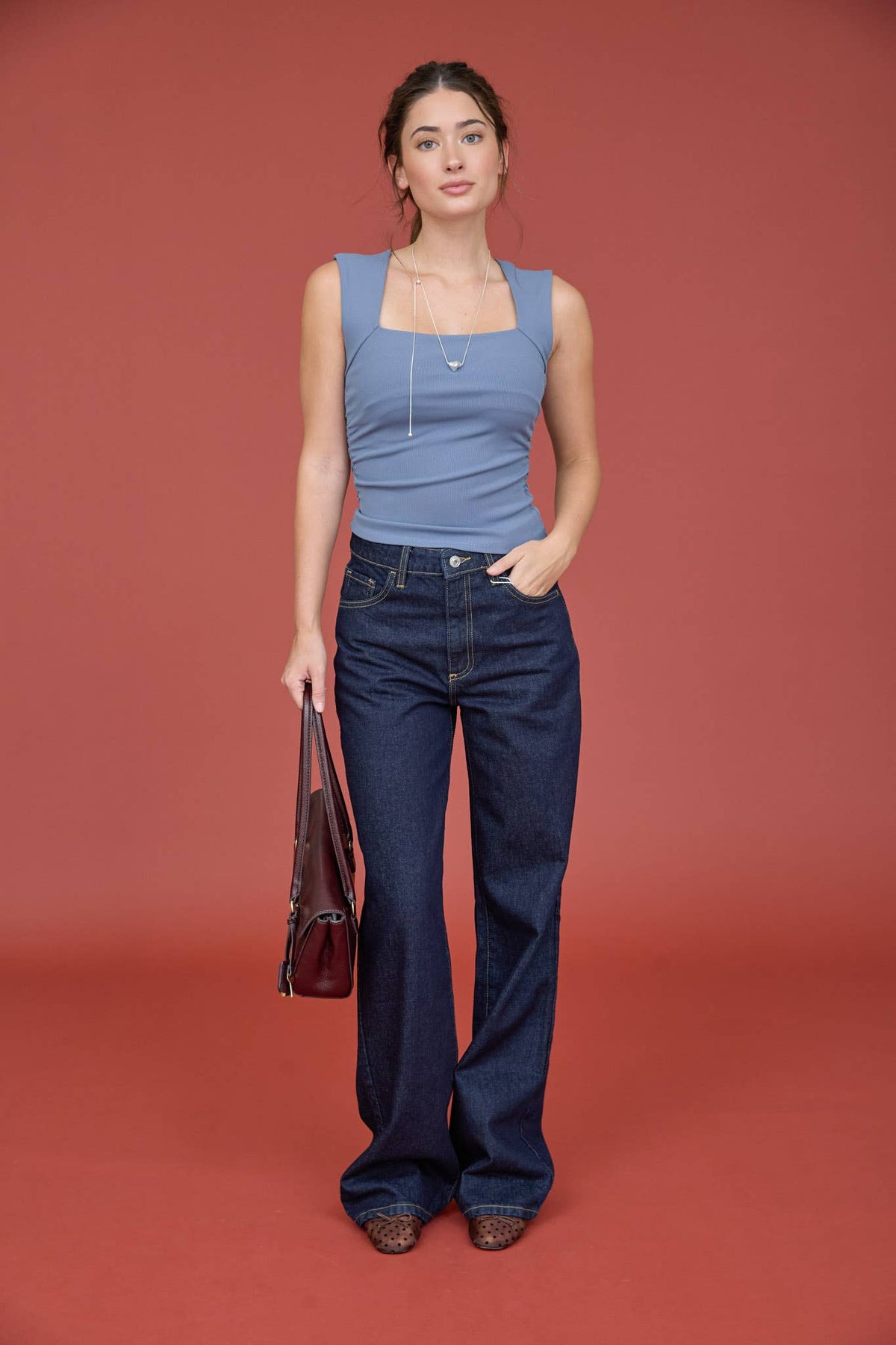 SQUARE NECK RUCHED DETAIL TOP - Dusty Blue