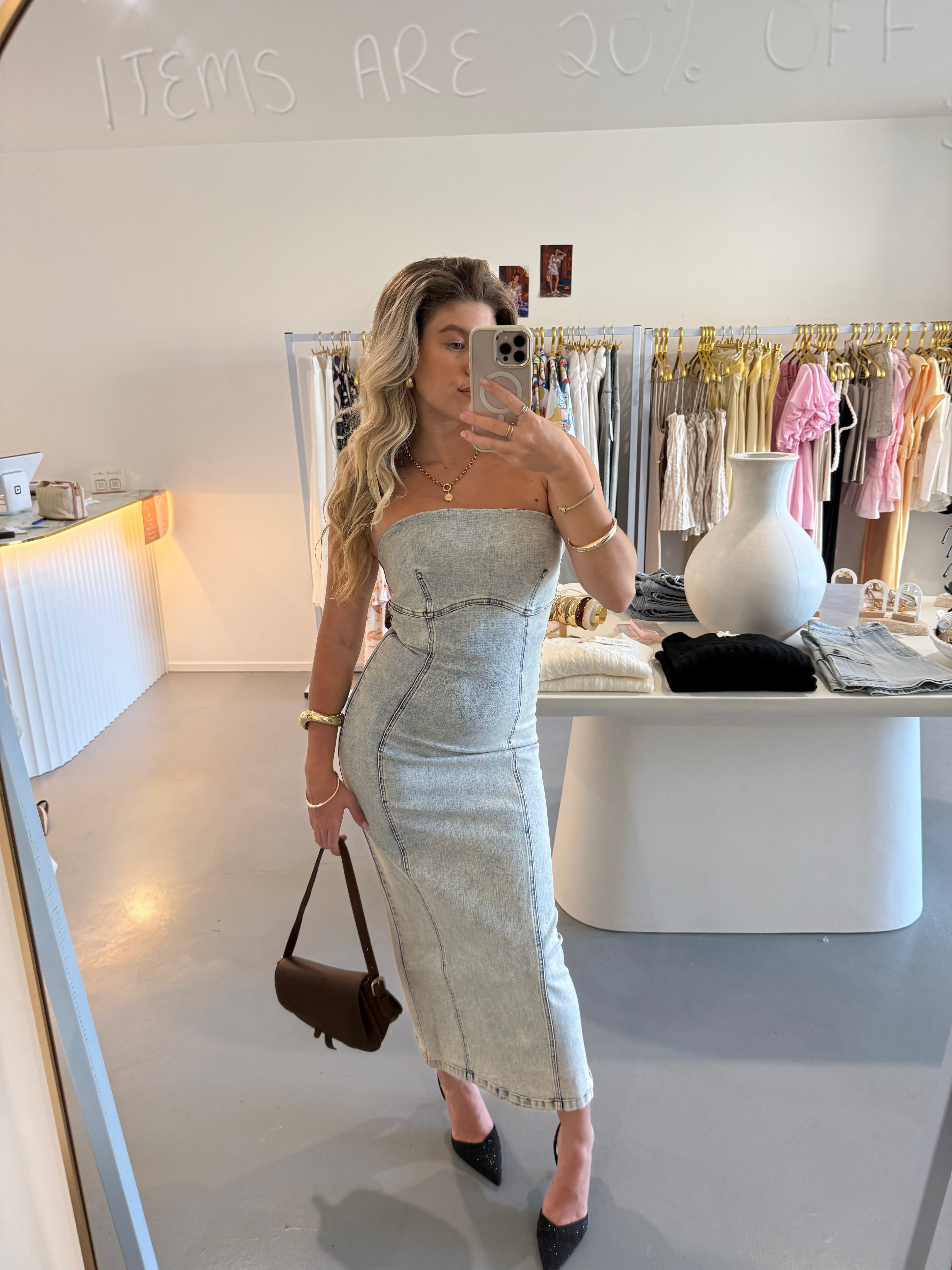 Denim strapless maxi