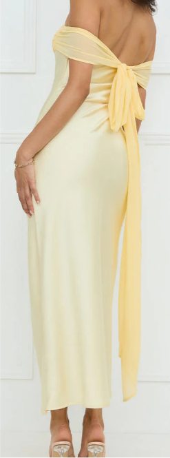 Soft lemon off-shoulder maxi dress