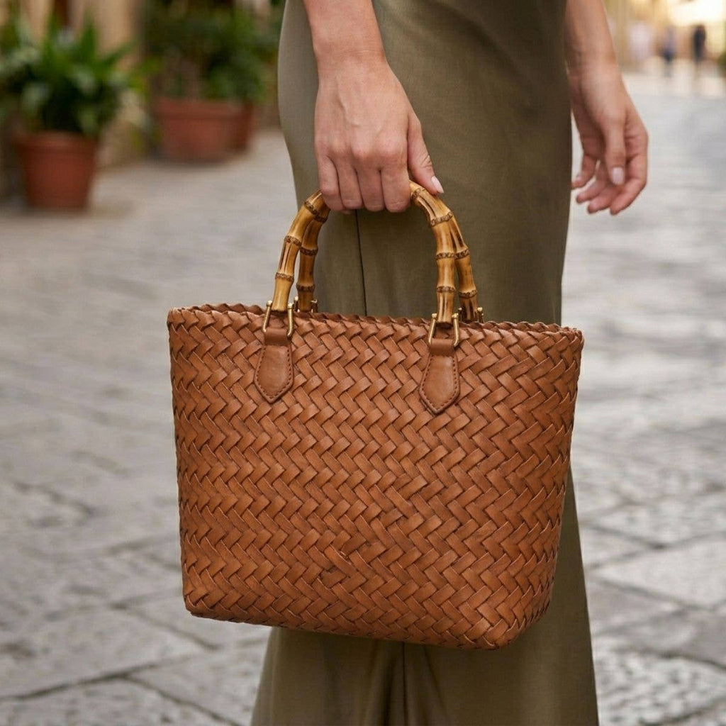 Woven Tote Bag with Bamboo Handles - Cognac