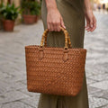 Woven Tote Bag with Bamboo Handles - Cognac