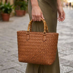 Woven Tote Bag with Bamboo Handles - Cognac