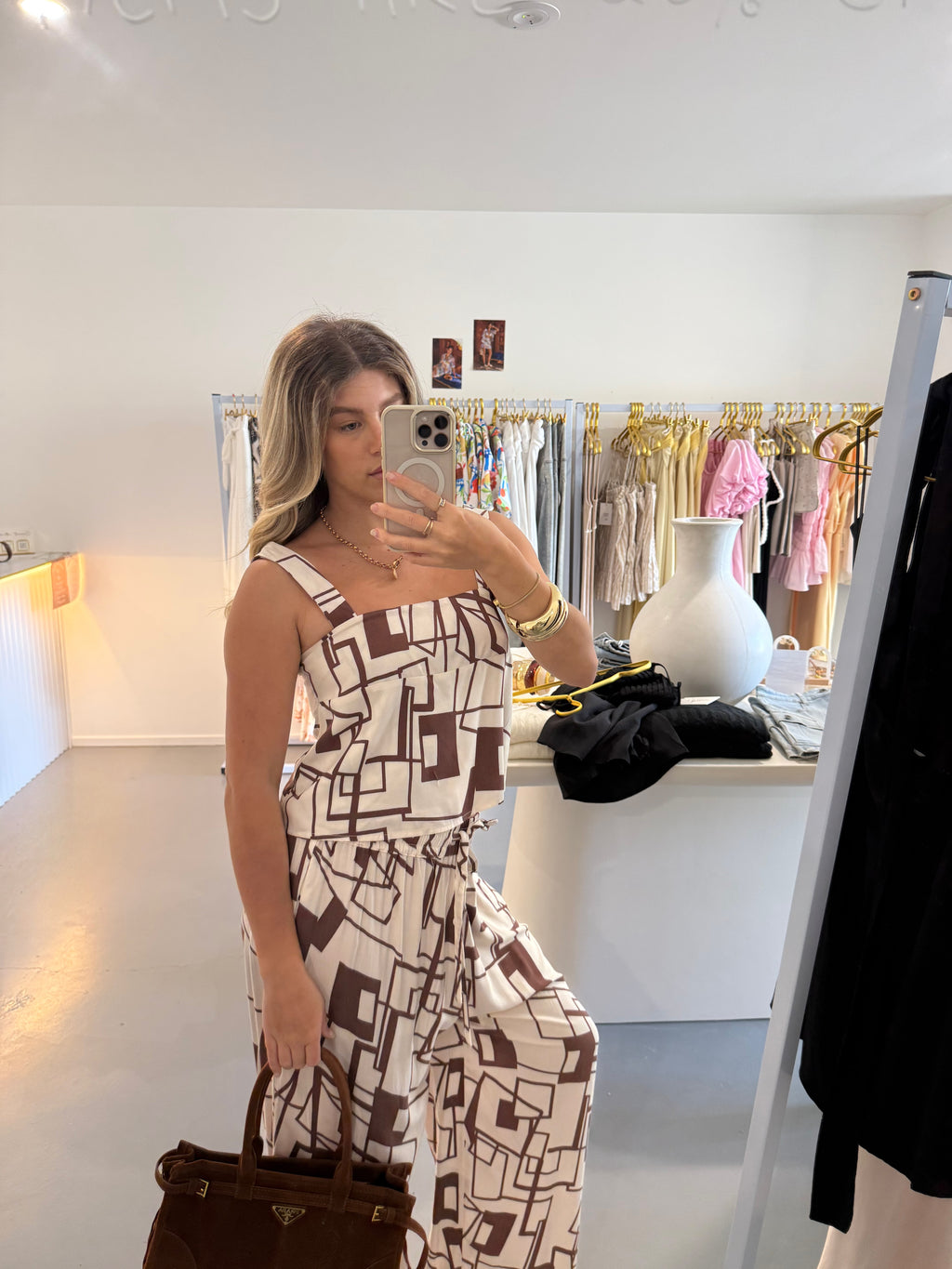 Brown & cream abstract cropped top