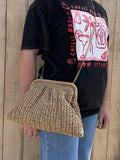 Paper Weave Gatherred Clutch in Camel/Gold