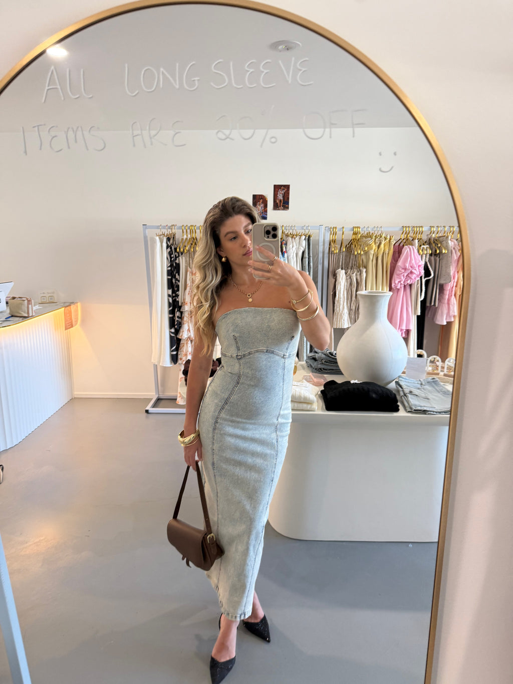Denim strapless maxi