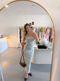 Denim strapless maxi