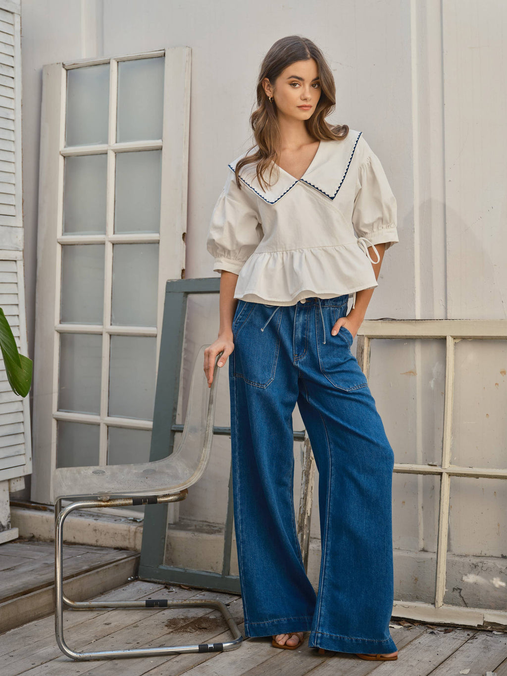 Soft Denim Drawstring Straight Leg Pants