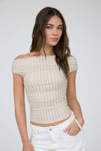 STRIPE OFF THE SHOULDER RUCHED DETAIL KNIT TOP