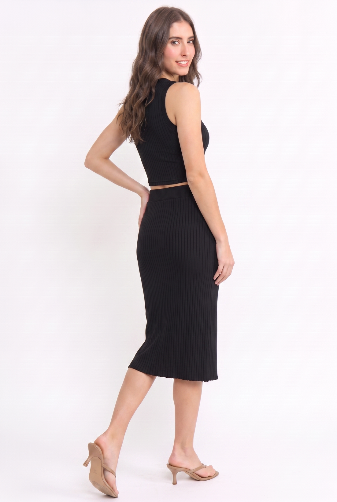 Rib Knit Button Slit Midi Skirt – Black