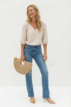 The Jessy Elastic Puff Sleeve V-neck Blouse - Pale Banana