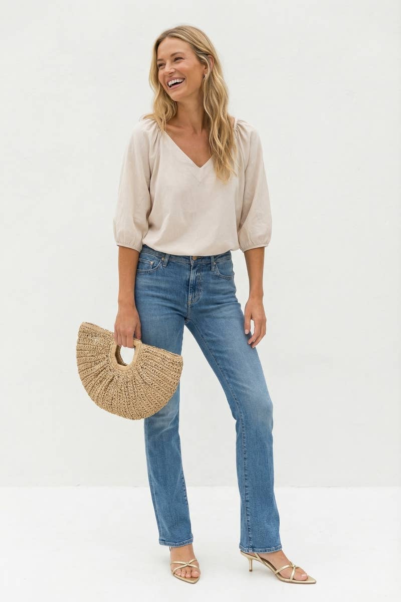 The Jessy Elastic Puff Sleeve V-neck Blouse - Pale Banana