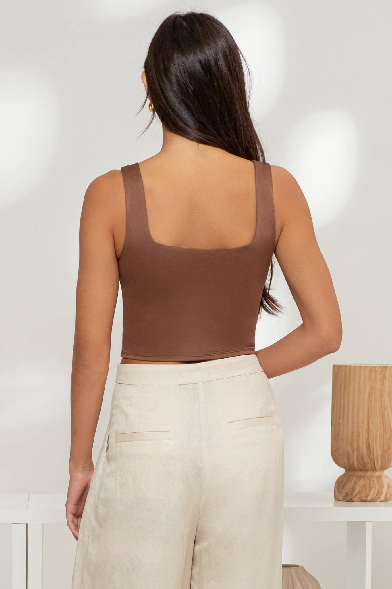 Cropped Square Neck Tank - Chocolate / Mocha / White