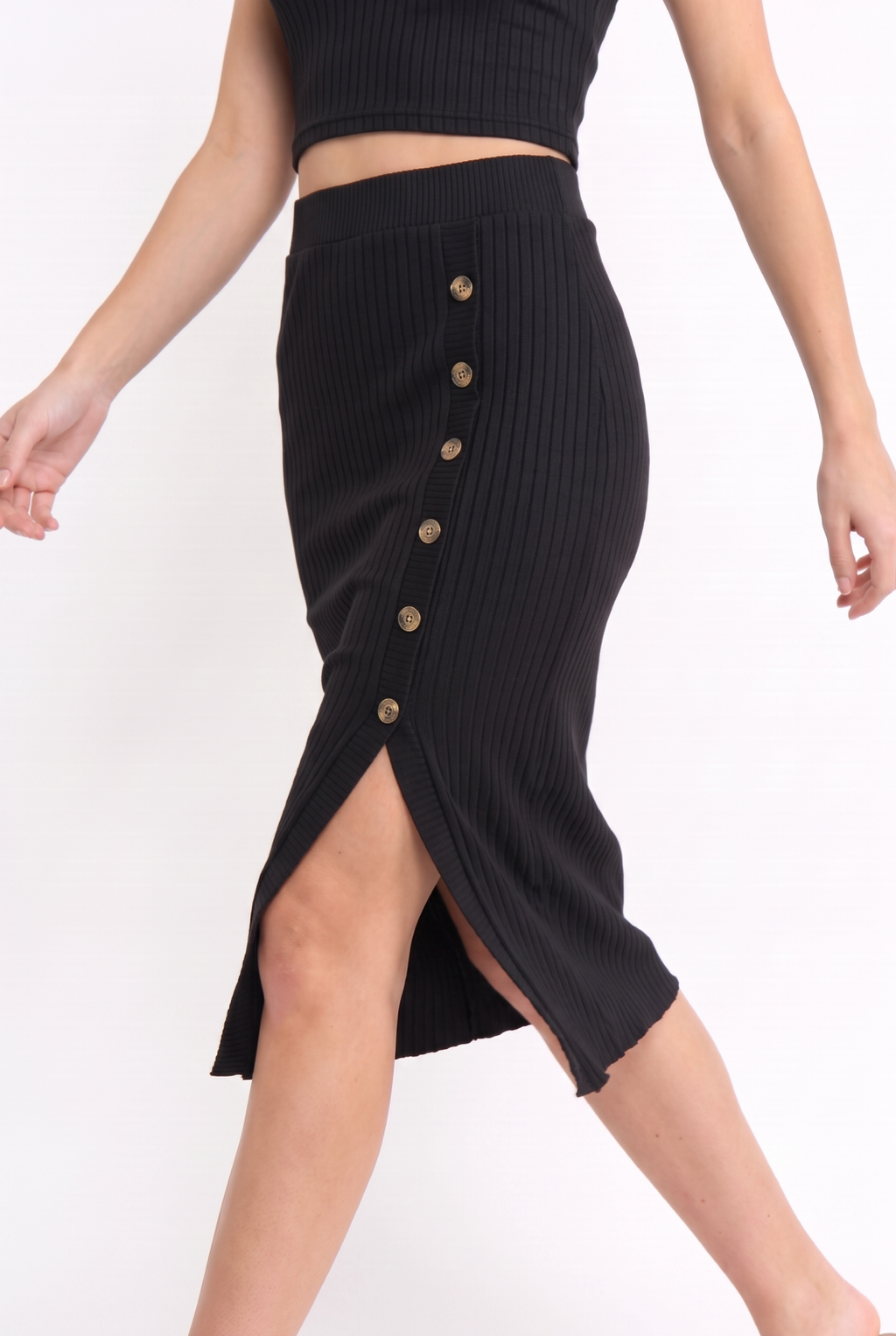 Rib Knit Button Slit Midi Skirt – Black