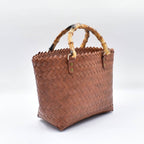 Woven Tote Bag with Bamboo Handles - Cognac