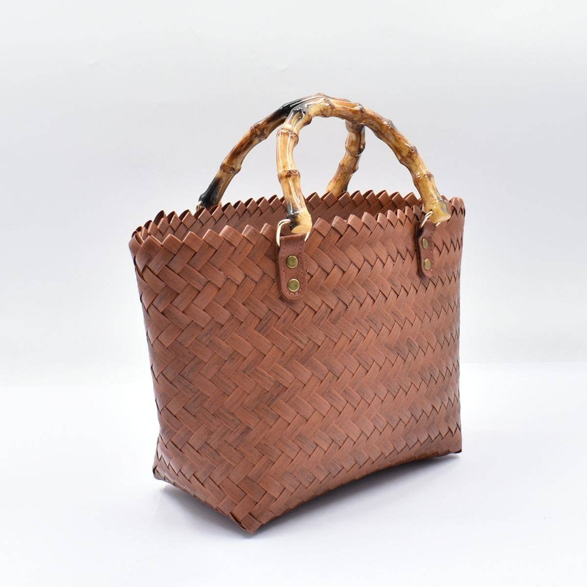 Woven Tote Bag with Bamboo Handles - Cognac