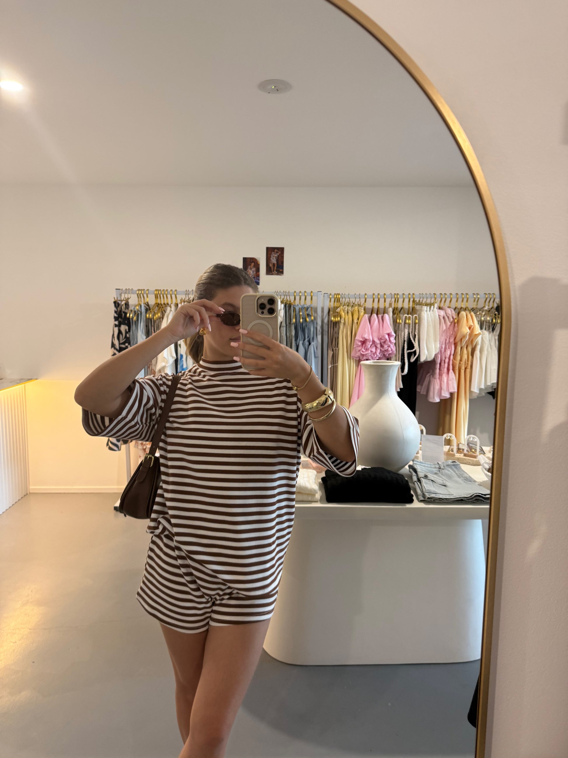 Brown stripe relaxed shorts