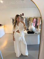 Tie-up pleated linen pant - white