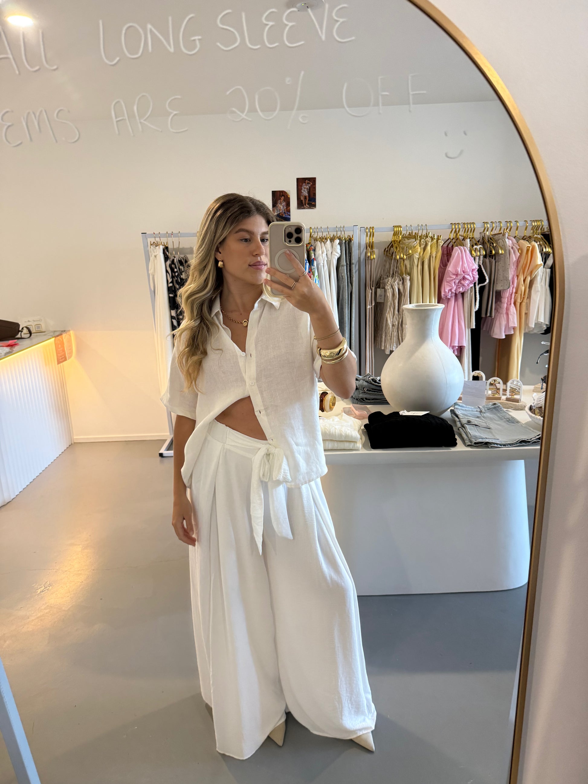 Tie-up pleated linen pant - white