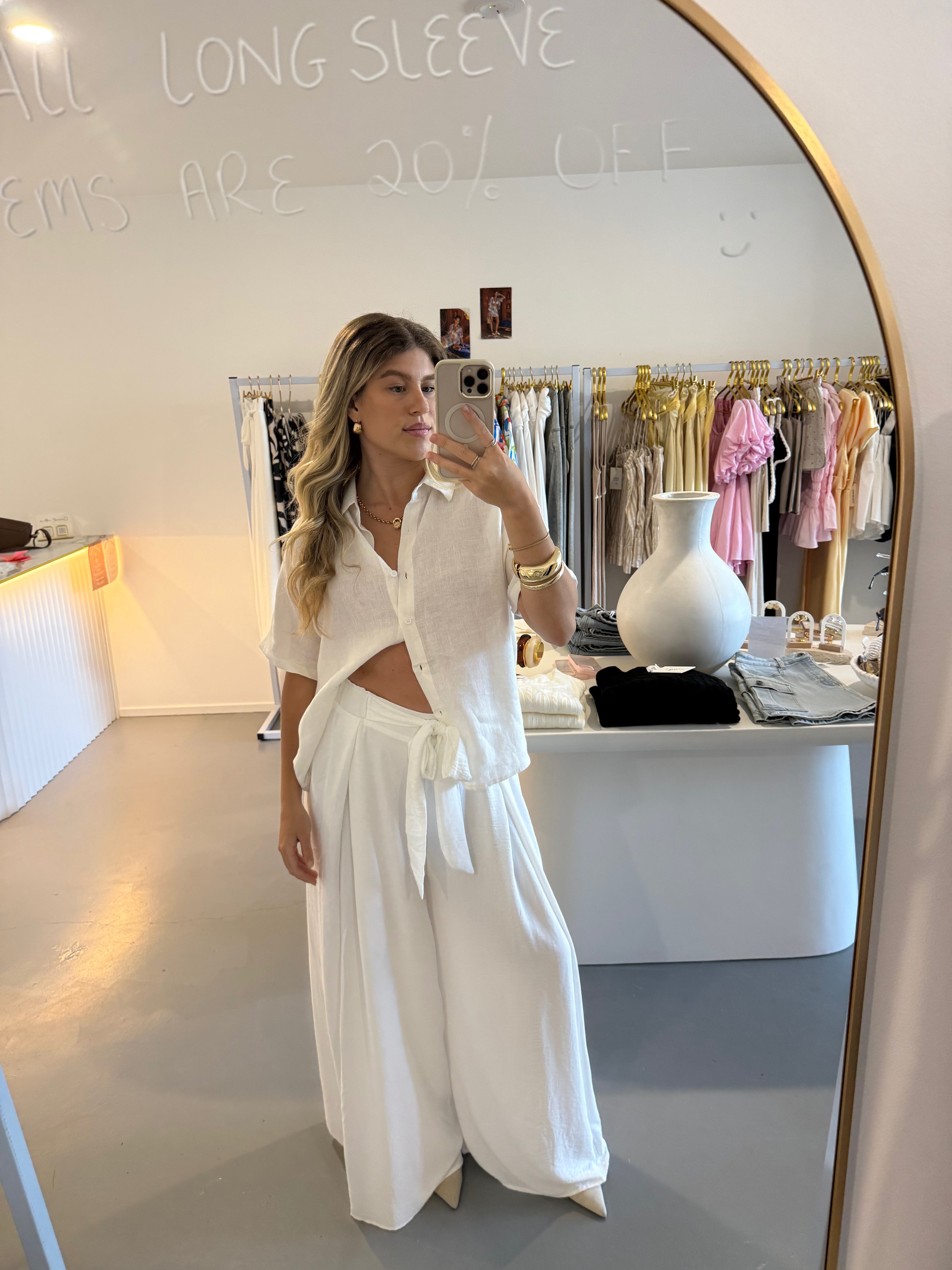 Tie-up pleated linen pant - white