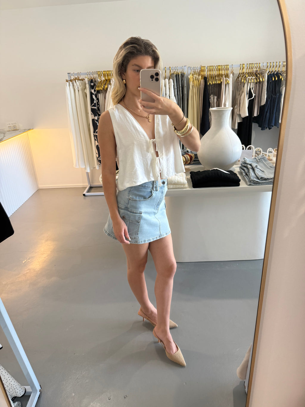 Light wash denim mini skirt