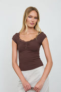 LACE TRIM HENLEY TOP - Chocolate