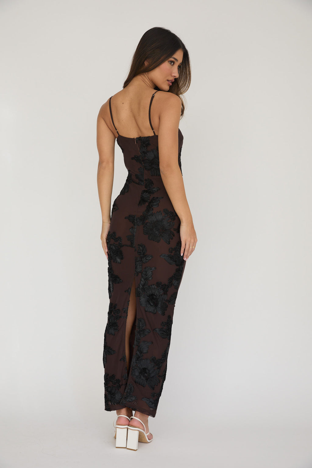 Chocolate mesh floral maxi dress