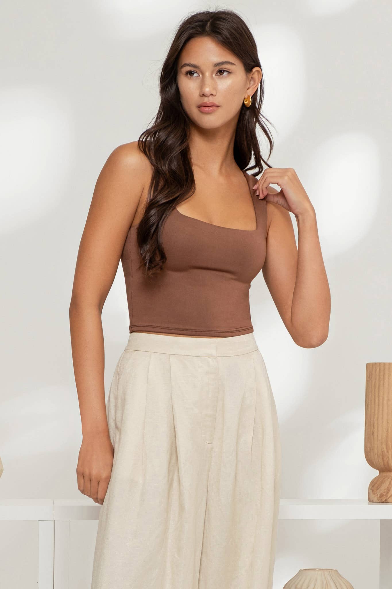 Cropped Square Neck Tank - Chocolate / Mocha / White