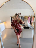 Wine red polka dot puff sleeve cut out dress