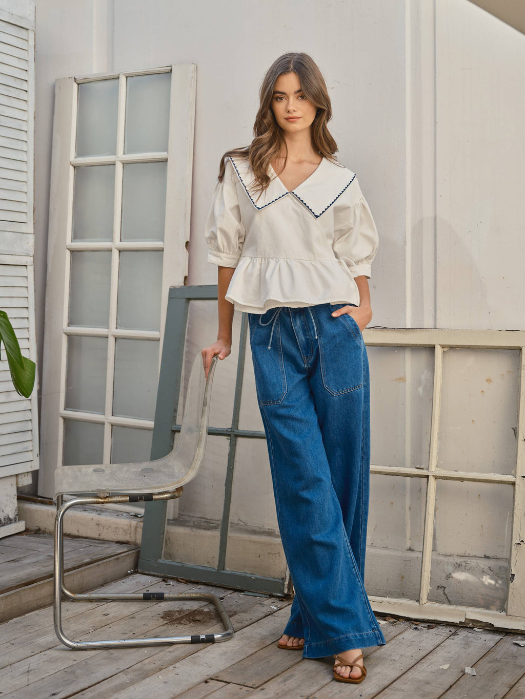 Soft Denim Drawstring Straight Leg Pants