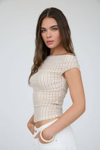 STRIPE OFF THE SHOULDER RUCHED DETAIL KNIT TOP